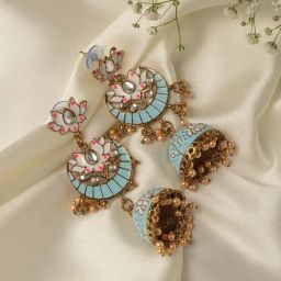 Zaveri Pearls Pastel Blue & Pink Meenakari Lotus Design Traditional Jhumki Earrings-ZPFK10191-22