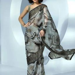 Libas Grey Printed Saree With Unstitched Blouse Piece-picture-8