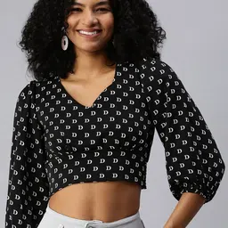 SHOWOFF Typograph Printed V-Neck Puff Sleeves Crepe Crop Top-image-81
