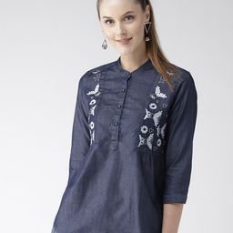 Xpose Blue Mandarin Collar Indigo Pure Cotton Denim Regular Top-image-5