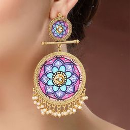 KARATCART Gold-Plated Kundan Studded & Pearls Beaded Mandala Art Dangler Chandbalis-1