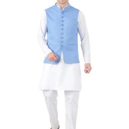 TAHVO Sky Blue & White Slim Fit Kurta Set With Jacket-image-40