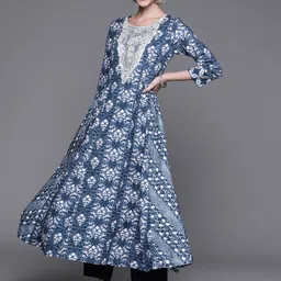 Biba Women Navy Blue & Off White Ethnic Motifs Dyed Thread Work Anarkali Kurta-picture-33