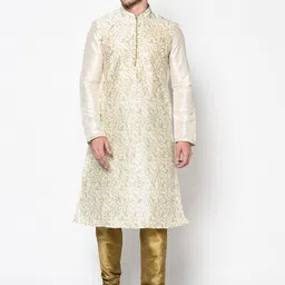 DEYANN Men Off-White & Gold-Toned Woven Design Kurta with Churidar-27