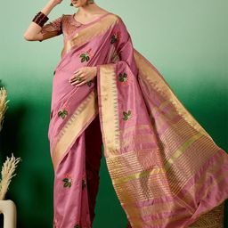 KAVINDI Ethnic Motif Embroidered Zari Woven Saree-image-99
