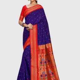 Varkala Silk Sarees Blue & Red Silk Woven Saree With Unstitched Blouse-image-73