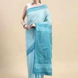 SHANVIKA Blue Cotton Printed Saree Without Blouse-image-92