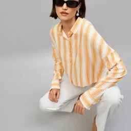CHIMPAAANZEE Yellow & White Viscose Striped Oversized Crop Shirt-image-94
