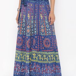 SOUNDARYA Women Blue & Yellow Printed Flared Wrap Around Maxi Skirt-image-97