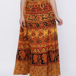 SOUNDARYA Yellow & Rust Orange Printed Wrap-Around Maxi Pure Cotton Skirt-picture-18