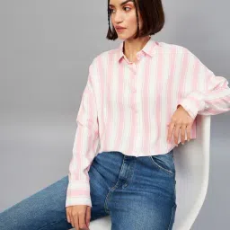 CHIMPAAANZEE Pink & White Viscose Striped Oversized Crop Shirt-image-114