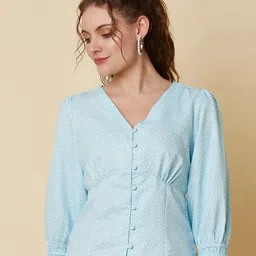 RAASSIO Women Blue & White Print Shirt Style Top-52