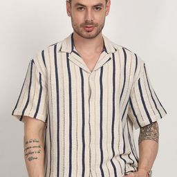 The Roadster Lifestyle Co Striped Pure Cotton Cubans Collar Half Sleeve Crochet Shirt-picture-12