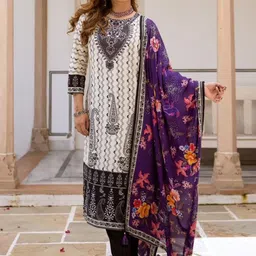 Anouk Purple Ethnic Motifs Printed Straight Cotton Silk Kurta With Trousers & Dupatta-22
