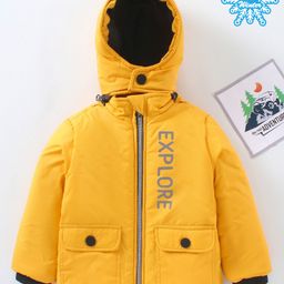 Babyhug Full Sleeves Hooded Fashion Heavy Winter Jacket Text Print - Yellow-image-12