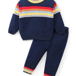 Babyhug Knitted Full Sleeves Sweater Set With Striped Design - Navy Blue-picture-10