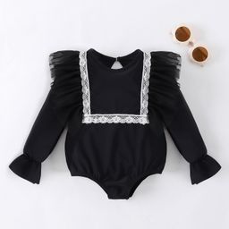 Babyhug Full Sleeves V Cut Swimsuit With Frill & Lace Applique - Black-image-20