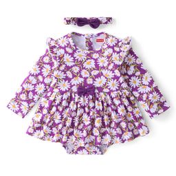 Babyhug 100% Cotton Knit Full Sleeves Frock Style Onesie with Headband Floral Print - Purple-image-88