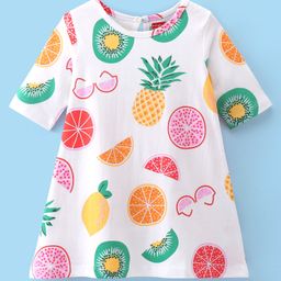 Babyhug Cotton Knit Three Fourth Sleeves Fruits Printed Nighty - White-image-112