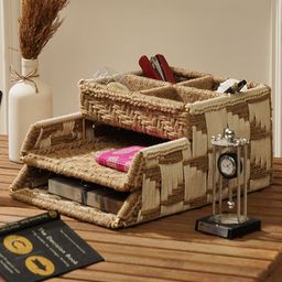 Sirohi  Handwoven Cotton & Jute WFH Desk Organiser - Beige & White-2