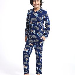 Honeyhap Premium 100% Cotton Knit Full Sleeves Night Suit With Bio Finish Gaming Print - Moroccan Blue-picture-6