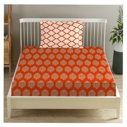 Trance Home Linen Pure Cotton Flat Single Bedsheet with 1 Pillow Cover- Damask & Dori Clay Red-image-38