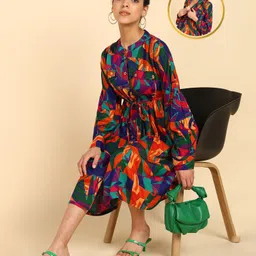 Zelena  Full Sleeves Abstract Printed Maternity Dress With Concealed Nursing Access  - Multi Colour-picture-6