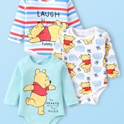 Babyhug Disney Interlock Knit Full Sleeves Striped & Winnie The Pooh Graphics Onesies Pack of 3 - Light Blue & White-image-67