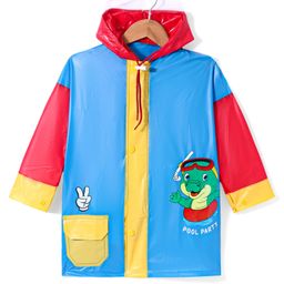 Babyhug Full Sleeves Below Knee Length Hooded Raincoat with Dino Print - Blue-image-85