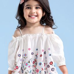 Babyhug Rayon Three Fourth Sleeves Floral Printed Off Shoulder Top - White-image-75