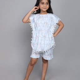 Little Clothing Cotton Woven Bat Wing Half Sleeves Floral Printed & Pompom Lace Detailed Kaftan Top & Coordinating Shorts Set - Blue-image-71