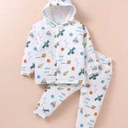 Doreme Knit full Sleeves Hooded Front Open Winter Wear Co-Ord Set with Space ThemePrint - White-image-51
