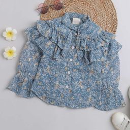 Tiny Girl Full Bell Sleeves Floral Printed Shirt Style Top - Blue-image-17