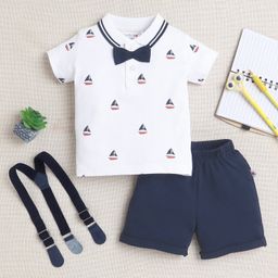 BUMZEE Cotton Half Sleeves Attached Bow Detailed Ship Printed Polo Tee With Shorts & Suspender Set - White & Navy Blue-image-94