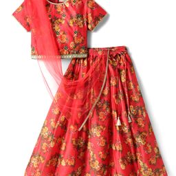 EARTHY TOUCH Woven Half Sleeves Lehenga Choli & Dupatta Set With Floral Print - Red-image-17