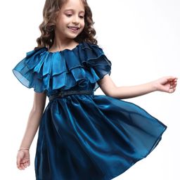 Hola Bonita Woven Half Sleeves Solid Coloured Dress With Belt & Frill Detailing - Teal-image-94