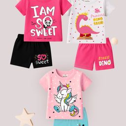 KUCHIPOO Cotton Knit Pack Of 3 Half Sleeves Unicorn & Typography Printed Tees & Shorts Set - Pink Black White Blue-image-52