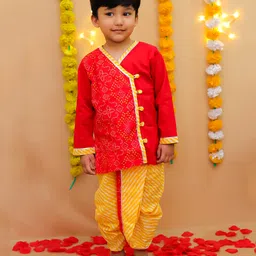 BownBee Pure Cotton Woven Full Sleeves Bandhani Designed Gota Lace Embellished Kurta Dhoti Set - Red-picture-8