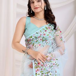 HERE&NOW Floral Embroidered Net Saree-48