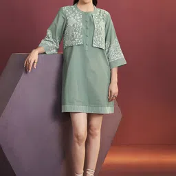 Anouk Ethnic Motifs Embroidered Round Neck Cotton A-Line Mini Dress-image-4
