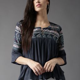 HERE&NOW Women Navy Printed A-Line Top-picture-25