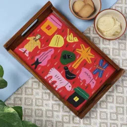 VarEesha Hand Made Teak Wood Applique Work Serving Tray with Glass Top - Set of 1-23