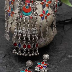 Moedbuille Handcrafted Meenakari Work Tasselled Afghan Design Oxidised Silver Plated Jewellery Set-image-11