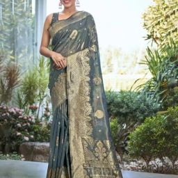 Monjolika Fashion Women's Grey Simar Silk Zari Woven Saree Unstiiched Blouse Piece-picture-31