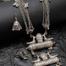 Moedbuille Handcrafted Tasselled Temple Design Oxidised Silver Plated Layered Jewellery Set-image-1