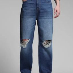Jack & Jones Blue Cotton Loose Fit Distressed Jeans-image-62