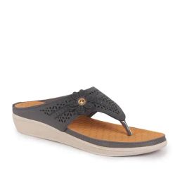 Fausto Women's Laser cut Bloom Dark Grey Thong Wedges-picture-9