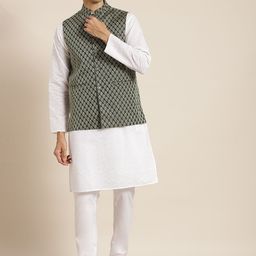 SOJANYA Men White Ethnic Motifs Chikankari Pure Cotton Kurta with Churidar & Nehru Jacket-picture-49