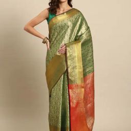 JUST FASHION Green Silk Woven Saree With Unstitched Blouse-picture-25