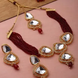 Panash Gold Plated Cubic Zirconia Studded & Beaded Jewellery Set-image-88